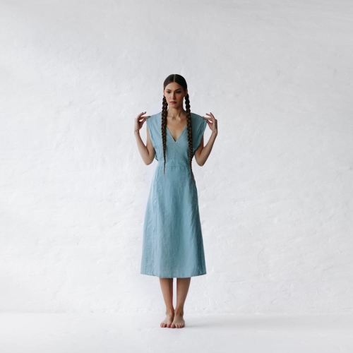 knee length dresses for ladies Mialeigh Linen Dress - Barton Blue – The Islands main image 0