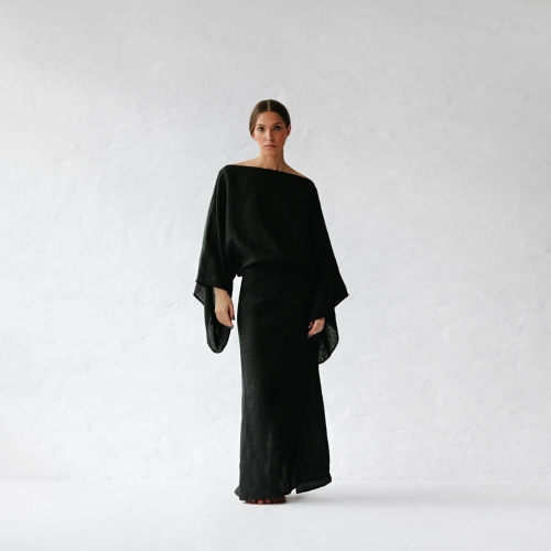 knee length dresses for ladies Linen Halter Dress - Black main image 0