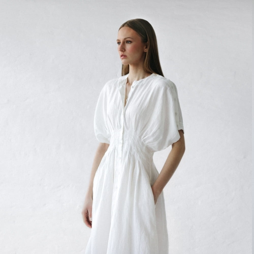 chinese dress ladies Handmade Ivory Linen Cotton Dress – Sleeveless Drawstring Midi main image 0
