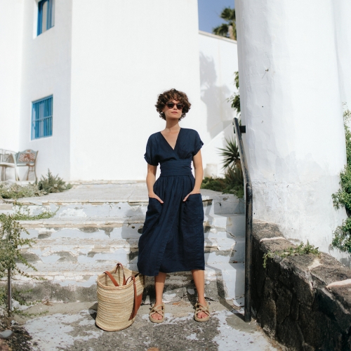 Linen kimono dress navy